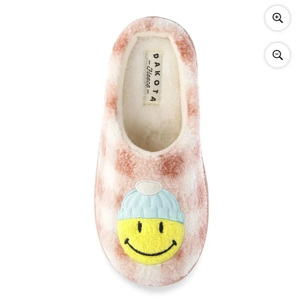 DAKOTA FLEECE Girl's Smiley Cozy Comfort Pink Checkered Slippers, Size 13-1 NWT